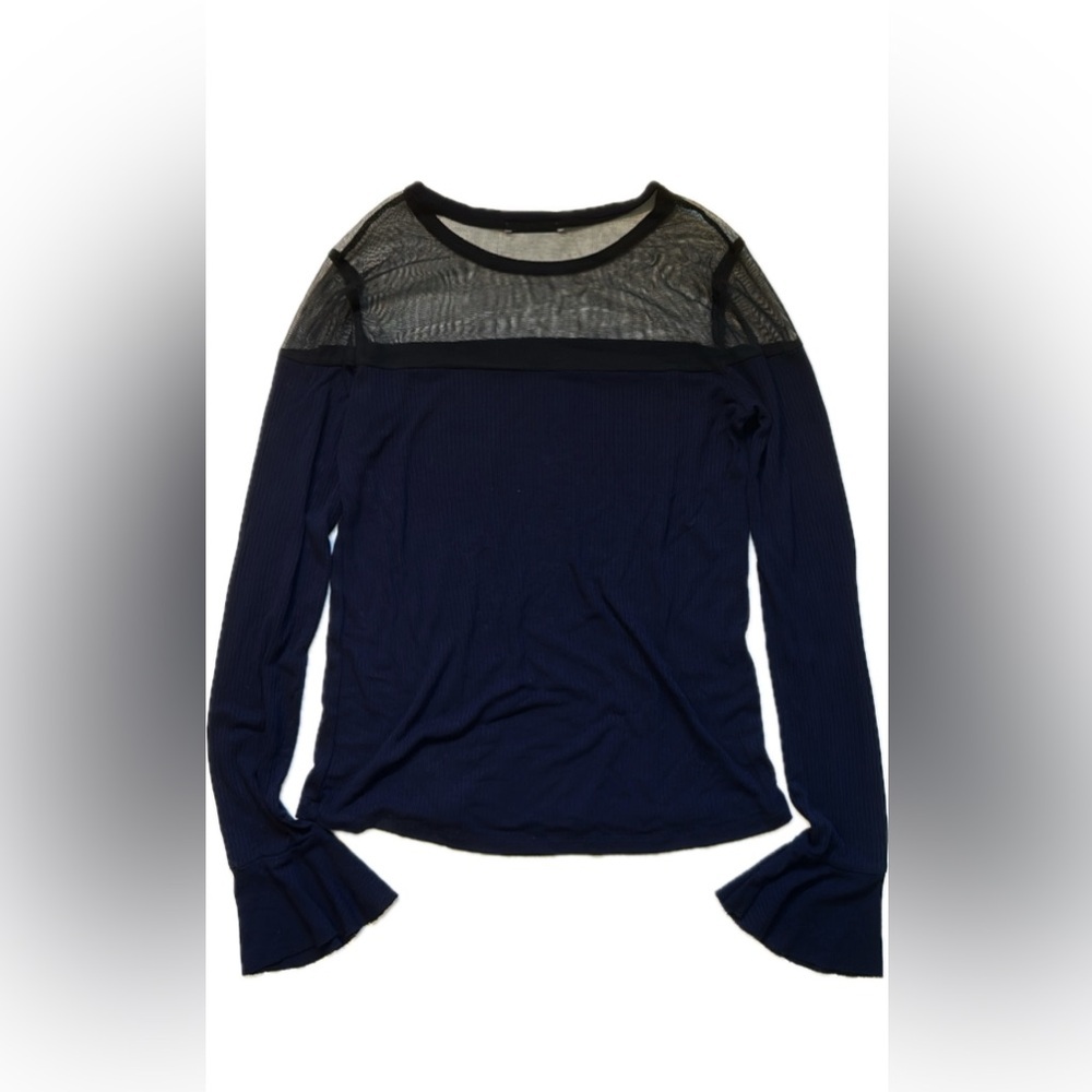 Zara Navy Mesh Panel Long Sleeve Top With Flared Cuffs Size M - Picture 4 of 7